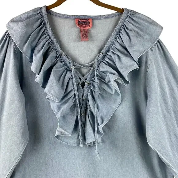 Vintage Chambray Poet Artist Blouse Size L Blue Southwest Western Country Drama - Picture 2 of 7